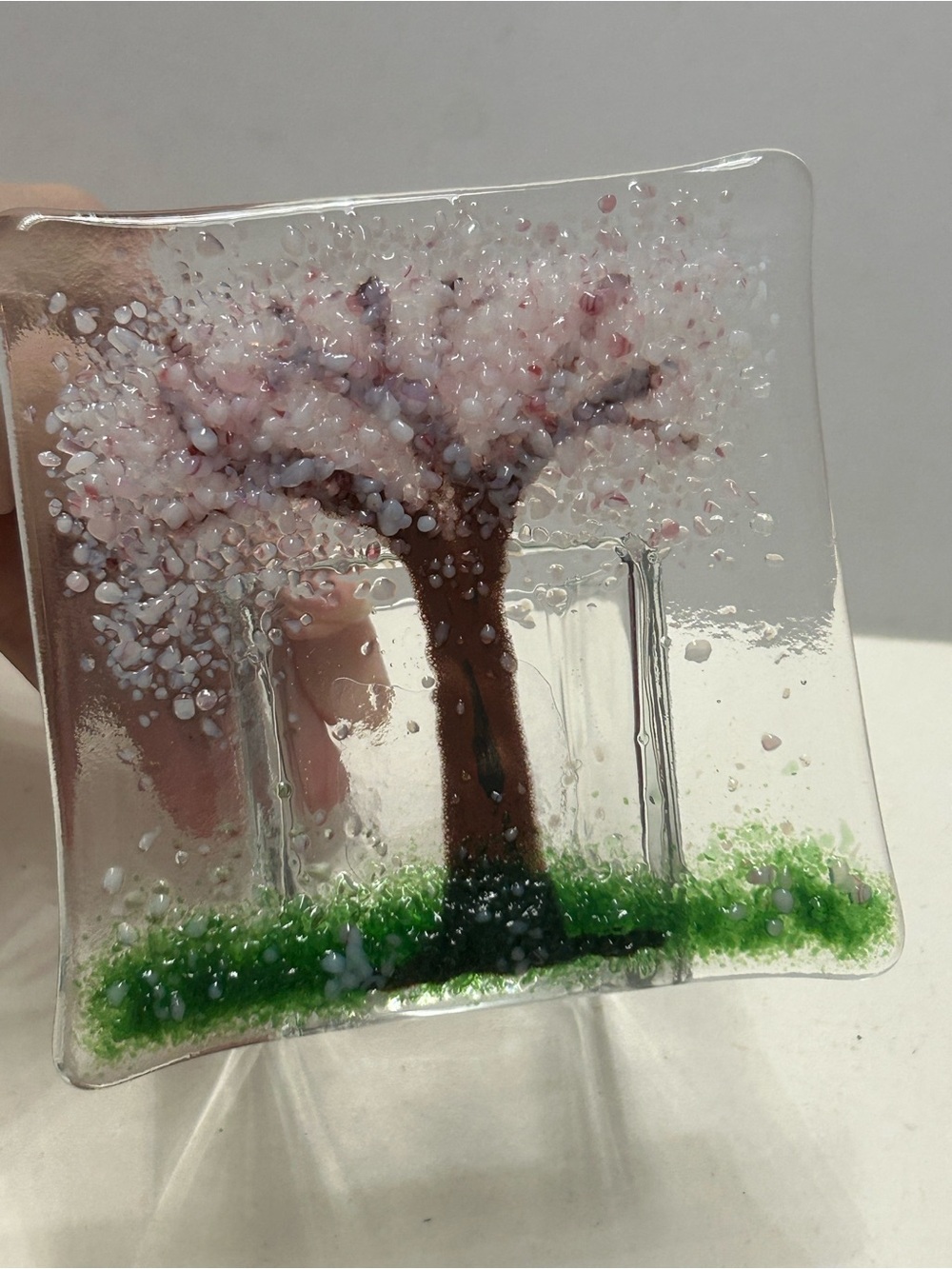 Handmade Candle Holder Pink Cherry Blossom Fused Glass Art by Seeds Glassworks
